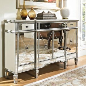 Benton Collection 60" Silver Wood Frame Mirrored Panels Andrea Storage Sideboard Buffet Cabinet for Living Room