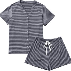 LYANER Women's Striped Cotton V-Neck Short Sleeve Pajamas Set