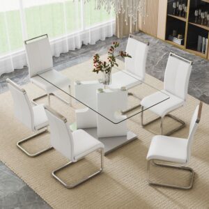 Modern Dining Table Set for 6, White Glass Table with 6 Faux Leather Chairs, Kitchen Display Table for Living Room, Office, 63x35.4x30 inches