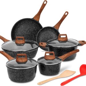 ESLITE LIFE Nonstick Cookware Sets, 12 Pcs Granite Coating Pots and Pans Set Kitchen Cooking Set, Compatible with All Stovetops (Gas, Electric & Induction), PFOA Free, Black