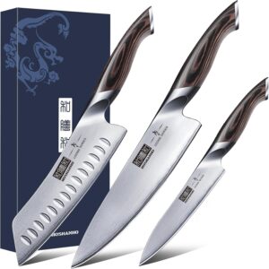 3 Pieces Knife Set, Professional Japanese AUS-10 Stainless Steel Kitchen Knife Set, Ultra Sharp Chef Knives Sets with Ergonomic Pakkawood Handle