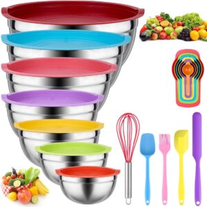 Mixing Bowls with Lids for Kitchen - 26 PCS Stainless Steel Nesting Colorful Mixing Bowls Set for Baking,Mixing,Serving & Prepping,Size 5, 3.7, 2.8, 2.3, 1.7, 1.1, 0.7QT,11 Cooking Utensils