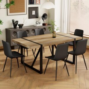 Dining Table Set for 6, 71'' Wood Dining Table and Chairs Set of 6, Modern Rectangle Wood Dining Table,PU Dining Chairs 6, Suitable for Home,Kitchen Dining Room Living Room