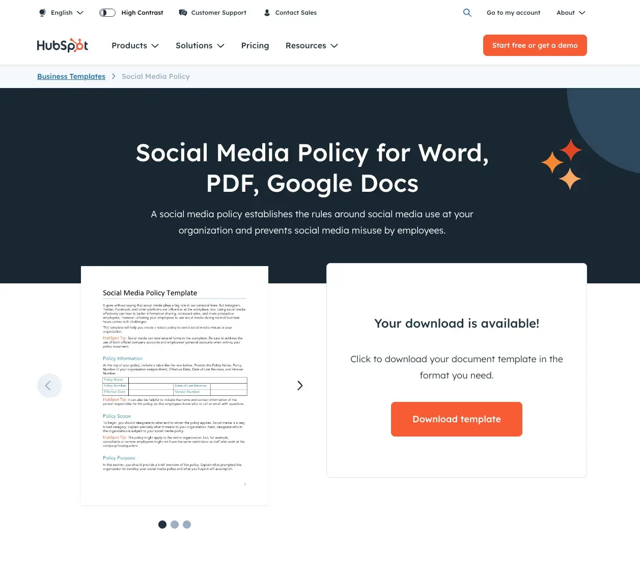 HubSpot’s free social media policy template can be downloaded as a PDF, Google or Word Doc.