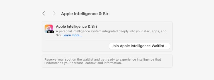 Apple Intelligence waitlist screen in macOS