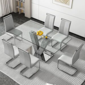 Glass Dining Room Table Set for 6,Modern Dining Table with 6 PU Leather Dining Chairs.71'' Kitchen Table with Natural Marble Textured Pillars,Kitchen Table and Chairs for 6