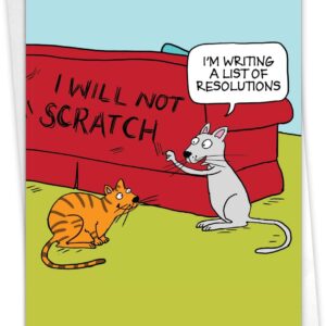 NobleWorks - Funny New Year Cartoon Greeting Card with 5 x 7 Inch Envelope (1 Card) NYE Holiday Stationery Gift for Adults - Cat Resoutions C4521NYG