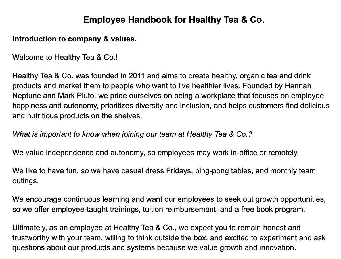 sample employee handbook, healthy tea