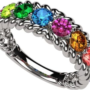 Central Diamond Center Rope Mothers Birthstone Ring with 1 to 10 Simulated Birthstones, Sterling Silver, 10K or 14K Gold