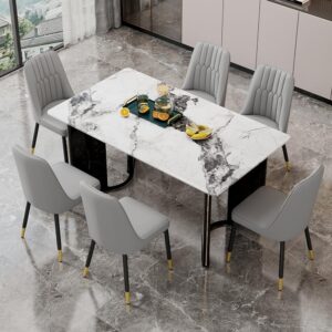 Dining Table Set for 6, Kitchen Table and Chairs for 6, White Faux Marble Pattern Table with 6 Modern Dining Chairs Suitable for Kitchen Dining Room Sets