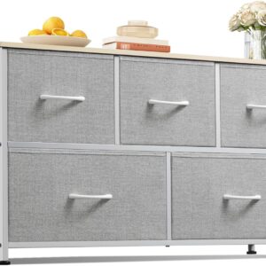 WLIVE Dresser for Bedroom with 5 Drawers, Wide Chest of Drawers, Fabric Dresser, Storage Organization Unit with Fabric Bins for Closet, Living Room, Hallway, Light Grey