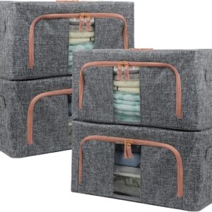 Linen Clothes Storage Bins, 4PCS Sturdy Closet Organizers and Storage Bin with Metal Frame, 2 Opening Ways Fabric Visible Lidded Storage Box for Organizing Clothing,Jeans,Sheets (4PC Gray, 22Liters)