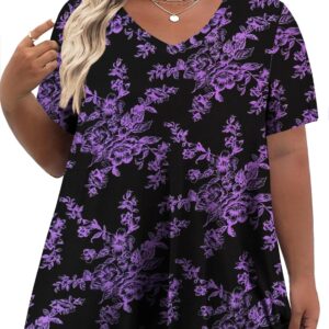 Tencede Womens Plus Size Tops Short Sleeve Tunic Shirts V Neck Summer Floral Loose Fit Blouse XL-5X