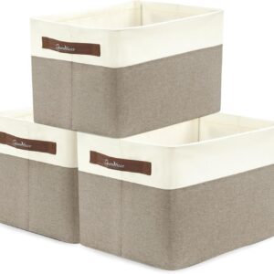 downluxe 3 Pack Collapsible Storage Bins for Shelves, Large Storage Basket with Handles, Fabric Linen Closet Organizers and Storage for Organizing Home, Office, Dormitory, 15"x11"x10", Khaki/White