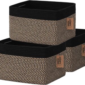 COMFY-HOMI 3PACK Cotton Rope Square Basket with Handles for Shelves|Dog Toy Basket Bin and Storage|Baby Basket for Gift|Shoe Basket for Organizing|New 13.5" x 11" x 9.5" for Living Room（Black/Jute）