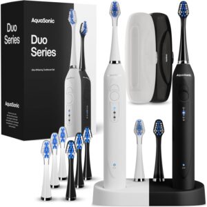 Aquasonic Duo - 40,000 VPM Ultra Whitening Dual Handle Electric Toothbrushes with Wireless Charging - 3 Modes with Smart Timers - 10 Dupont Brush Heads and 2 Travel Cases Included