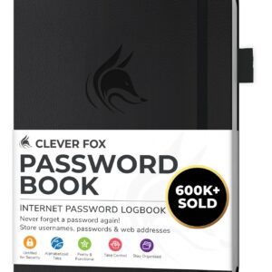 Clever Fox password book with alphabetical tabs. Internet Address Organizer Logbook. Small Pocket Password Keeper for Website Logins (Black)