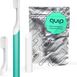 Quip Sonic Toothbrush for Adults with Timer - Includes Extra Brush Head and Travel Case Holder - Soft Bristle Electric Charging Head, Plastic Handle, 3 Month Battery Life - Travel Toothbrush - Green