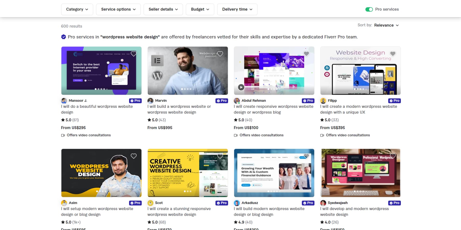 A screenshot of WordPress freelancers on Fiverr