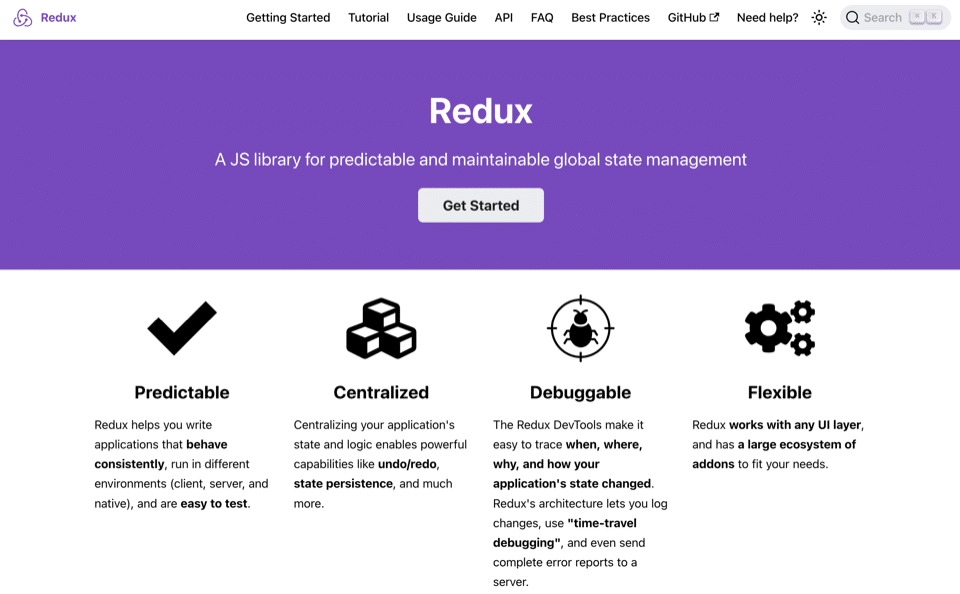 The Redux homepage, featuring a purple header section containing the Redux logo and title, along with a tagline and a Get Started button. Below this are four key feature sections with icons. Each section includes descriptive text explaining Redux