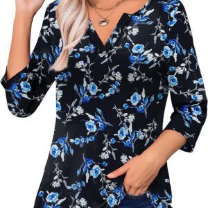 LIENRIDY Women's Plus Size 3/4 Sleeve Tops V Neck Henley Shirt Floral Tunic Tops