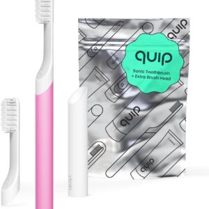 Quip Sonic Toothbrush for Adults with Timer - Includes Extra Brush Head and Travel Cover Mount - Electric, Soft Bristle Refill Head, Plastic Handle, 3 Month Battery Life - Travel Toothbrush - Magenta