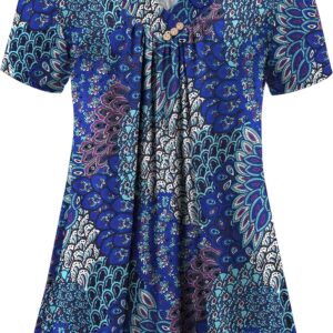 FOLUNSI Women's Short Sleeve V-Neck Henley Shirt Floral Tunic Tops M-4XL