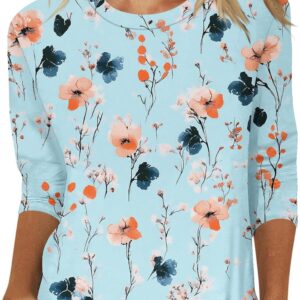 Women's T-shirt 3/4 Sleeve O-Neck Tops Cute Tunic Vintage Boho Floral Print Loose Basic T-shirt Blouses