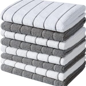 HYER KITCHEN Microfiber Dish Towels, Striped Pattern, Super Soft and Absorbent, 12" x 12", Gray and White, 8 Pack