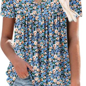 ROSELINLIN Women's Short Sleeve Shirts Floral Summer Tops Loose Fit for Leggings