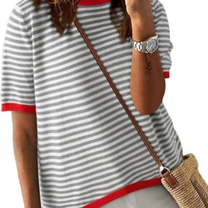 Dokotoo Womens Tops Casual Summer Crewneck Short Sleeve Striped Color Block Knit High Low Trendy Pullover Sweaters