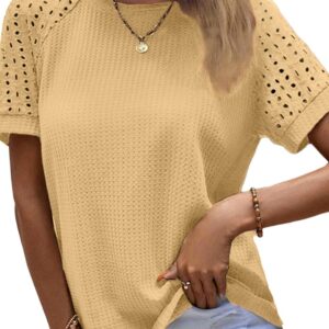 SHEWIN Women's Waffle Knit Tops Casual Crew Neck Hollow Out Raglan Short Sleeve Summer T-Shirts Blouses