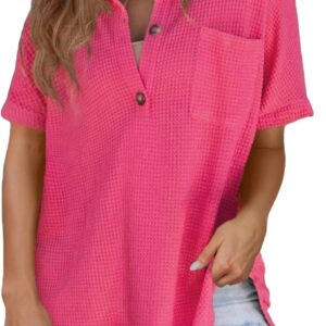 Astylish Women 2025 Waffle Knit Tunic Henley Shirts Solid Color Short Sleeve Dressy Blouses Tops with Pocket