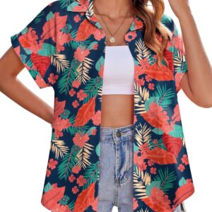 Zeagoo Women's Hawaiian Button Down Casual Short Sleeve Tropical Floral Print Blouse