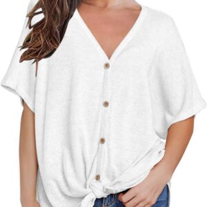 MIHOLL Womens Loose Blouse Short Sleeve V Neck Button Down T Shirts Tie Front Knot Casual Tops