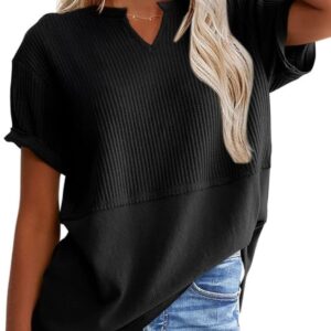 SHEWIN Womens Casual V Neck Waffle Knit Tops Short Sleeve T Shirts Loose Blouses