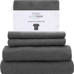 Posh Home Jersey Sheet Set - 3 Piece - Breathable and Soft Cotton Jersey Sheets - Includes Flat Sheet, Jersey Fitted Sheet and 1 Pillowcase - Twin XL Jersey Sheets, Gray