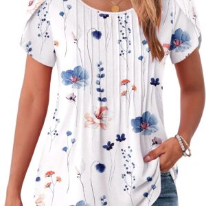 Zeagoo Womens Tops Petal Short Sleeve Summer Casual Crew Neck Shirts Floral Solid Blouse Pleated Tunics