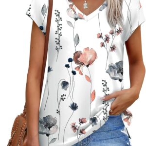 XIEERDUO Womens Tops V Neck Cap Sleeve Loose Fit Tee Shirts Summer Spring Dressy Casual Eyelet/Printed