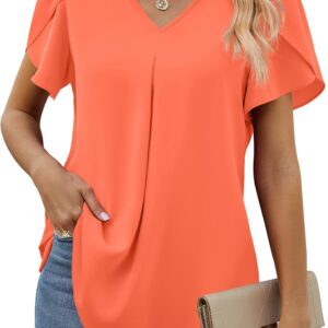 Funlingo Women's Summer Tops Short Sleeve Dressy Chiffon Blouses V Neck Work Tunic Tops Casual Loose T-Shirts