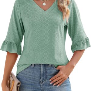 LOMON 3/4 Length Sleeve Women Tops Summer Loose V-Neck Eyelet T-Shirts Dressy Casual Ruffle Sleeve Tunic Blouses