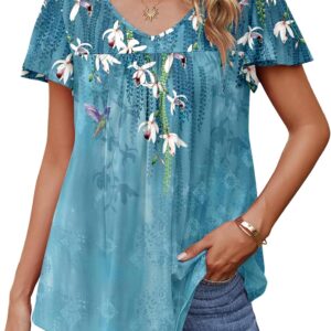 HOTOUCH Womens Plus Size Tops Flowy Short Sleeve Pleated Tunic Casual V Neck Blouses Floral Flutter Sleeve Summer Shirts