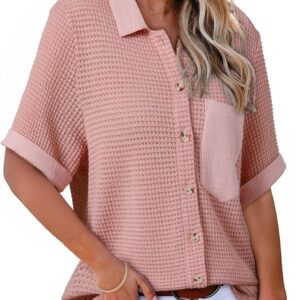 Astylish Womens Waffle Knit Button Down Shirts Tops Casual V Neck Short Folded Sleeve Dressy Blouses