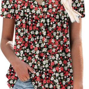 ROSELINLIN Women's Short Sleeve Shirts Floral Summer Tops Loose Fit for Leggings