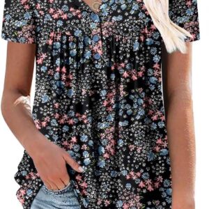 ROSELINLIN Women's Short Sleeve Shirts Floral Summer Tops Loose Fit for Leggings