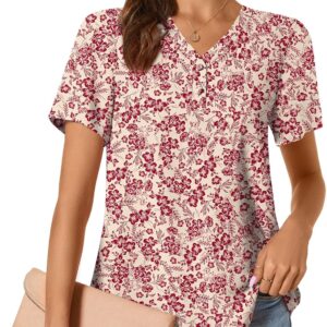 Anydeer Women's Summer Blouse Short Sleeve Chiffon Henley Dressy Tunic Tops Casual Button Down T-Shirt