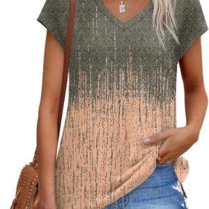 XIEERDUO Women's Tops V-neck Cap Sleeve Loose Fit T-shirts Summer Spring Dressy Casual Eyelet/Print