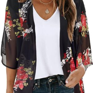 Women's Floral Print Puff Sleeve Kimono Cardigan Loose Casual Top