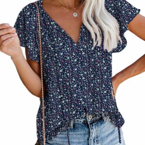 SimpleFun Women's Boho Tops Floral V Neck Short Sleeve Summer Blouse Shirts