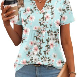 Zeagoo Women's Summer Tops Short Sleeve Henley V Neck Casual Pleated Dress Blouse Loose Floral Basic